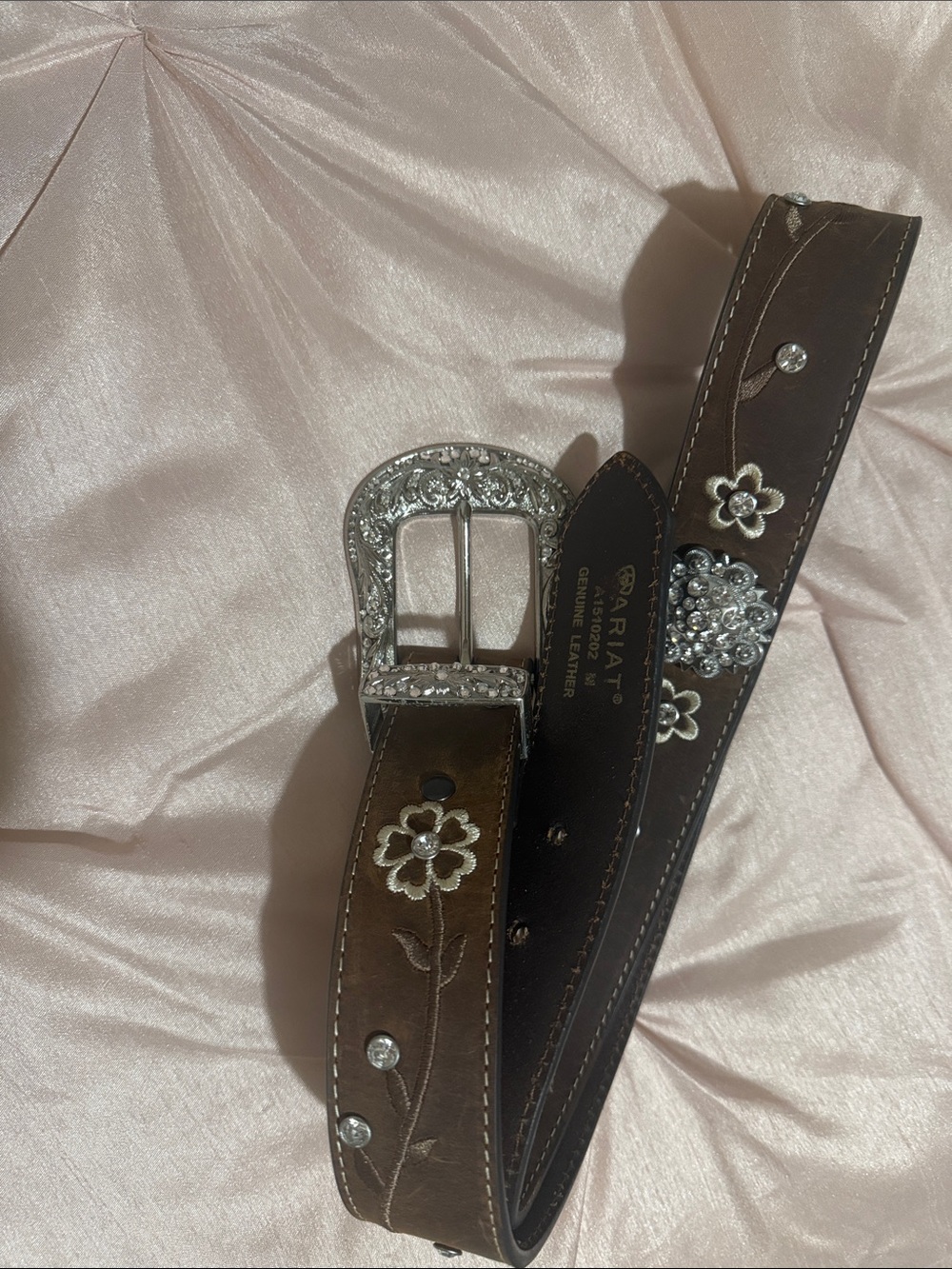 Ariat Dark Brown Floral Leather Belt with Silver Floral Buckle